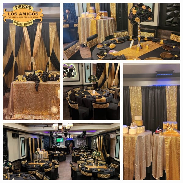 Elegant black and gold decorated dining room at Tipicos Los Amigos, with set tables and festive backdrops.