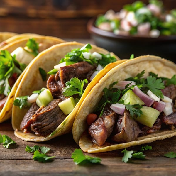 Three Salvadoran tacos filled with meat, cilantro, and diced onions on a wooden surface.
