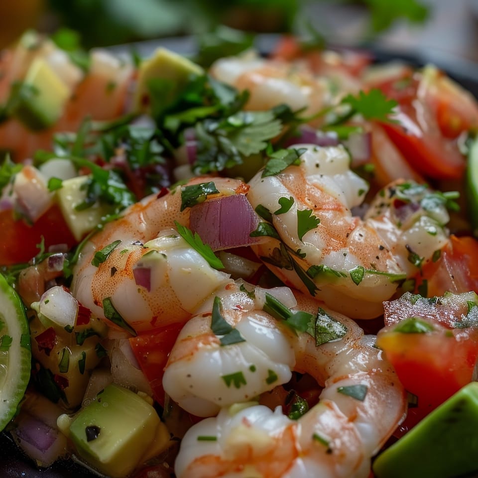 Close-up of Tipicos Los Amigos' shrimp ceviche with avocado, tomatoes, red onion, and cilantro.